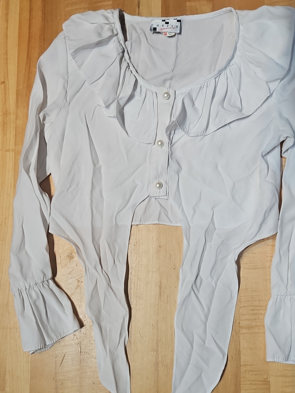 Vintage Pearl-Button White Ruffle Crop Blouse by Career Moves